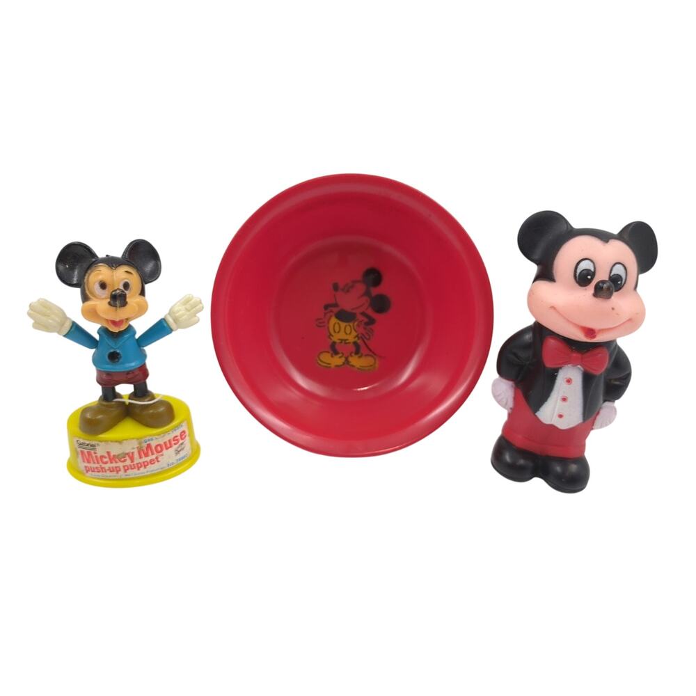 Vintage Mickey Mouse Gabriel Push-Up Puppet, Bubble Blower, & Cereal Bowl Lot